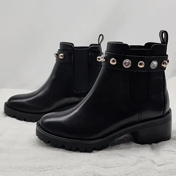 🐉KARL LAGERFELD🐉PORSHAY🐉PARIS BLACK LEATHER CHUNKY LUG SOLE LADIES 6.5 NWOB